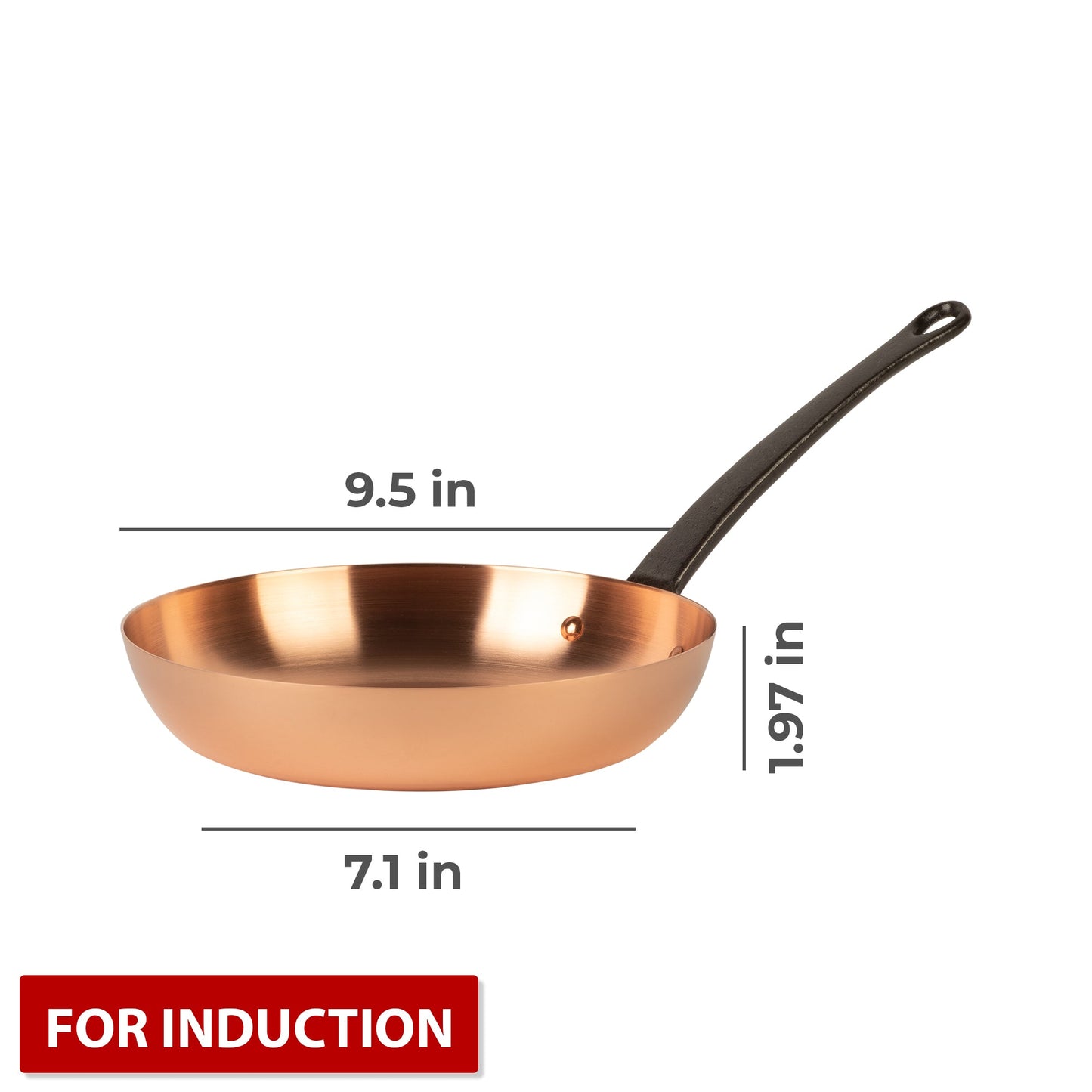 Pure copper frying pan for induction stoves without coating, Ø 9.5 in