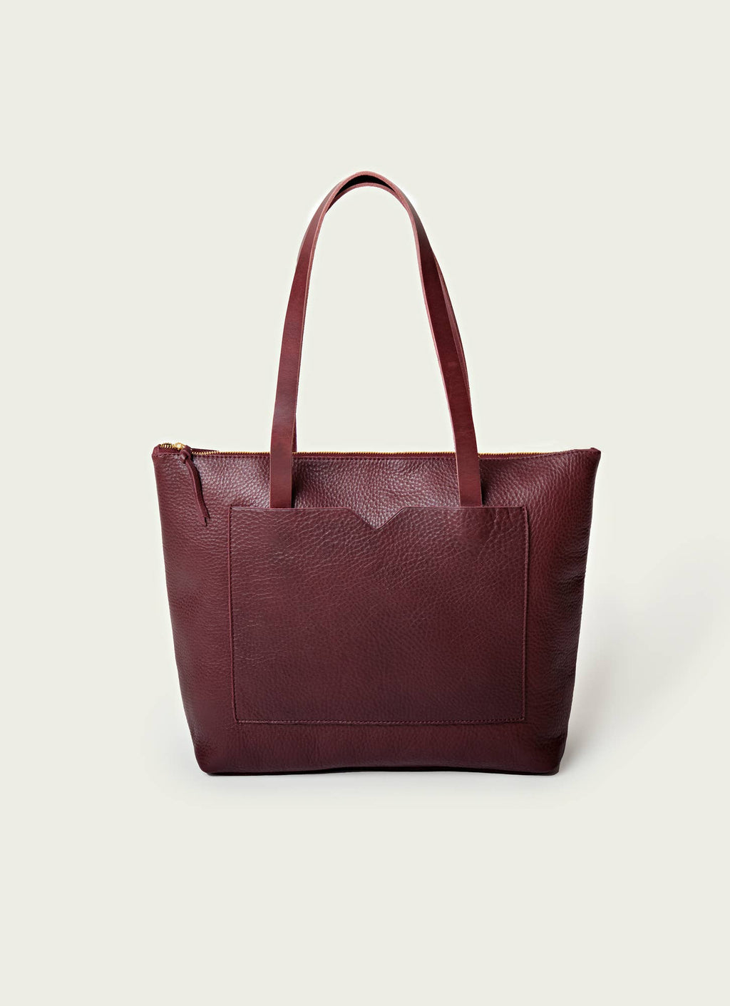 Full-Grain Leather Wide Zipper Tote Bag: Tan