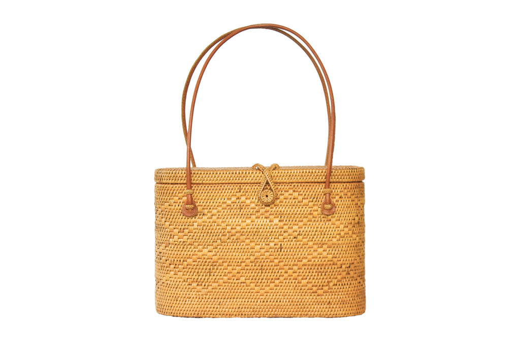 Flat Top Rattan Basket Shoulder Tote Bag