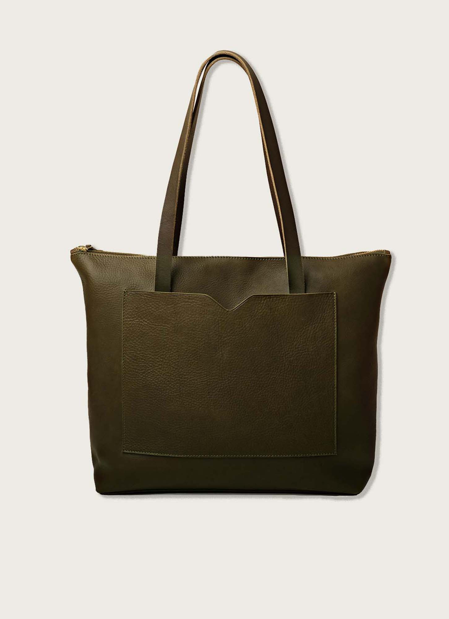 Full-Grain Leather Wide Zipper Tote Bag: Tan