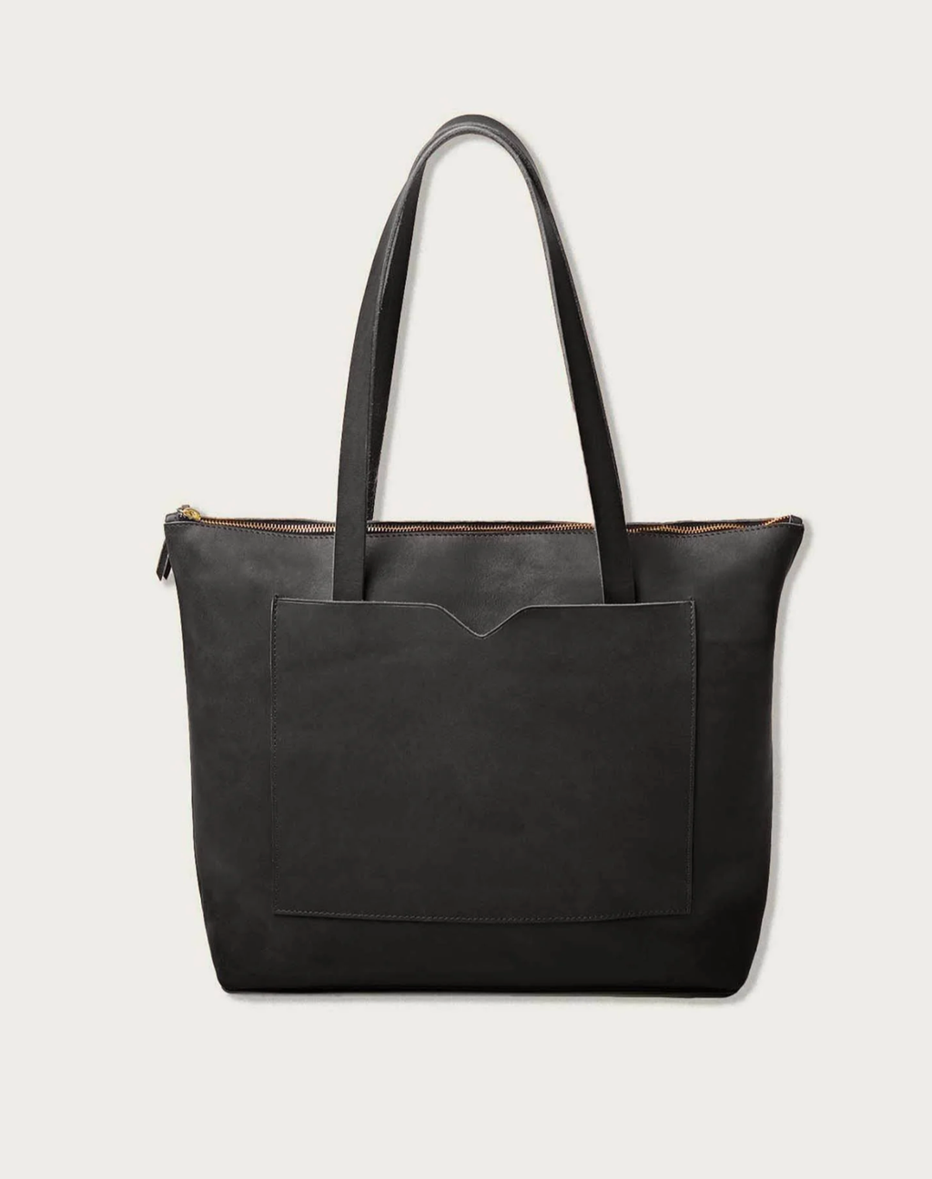 Full-Grain Leather Wide Zipper Tote Bag: Black