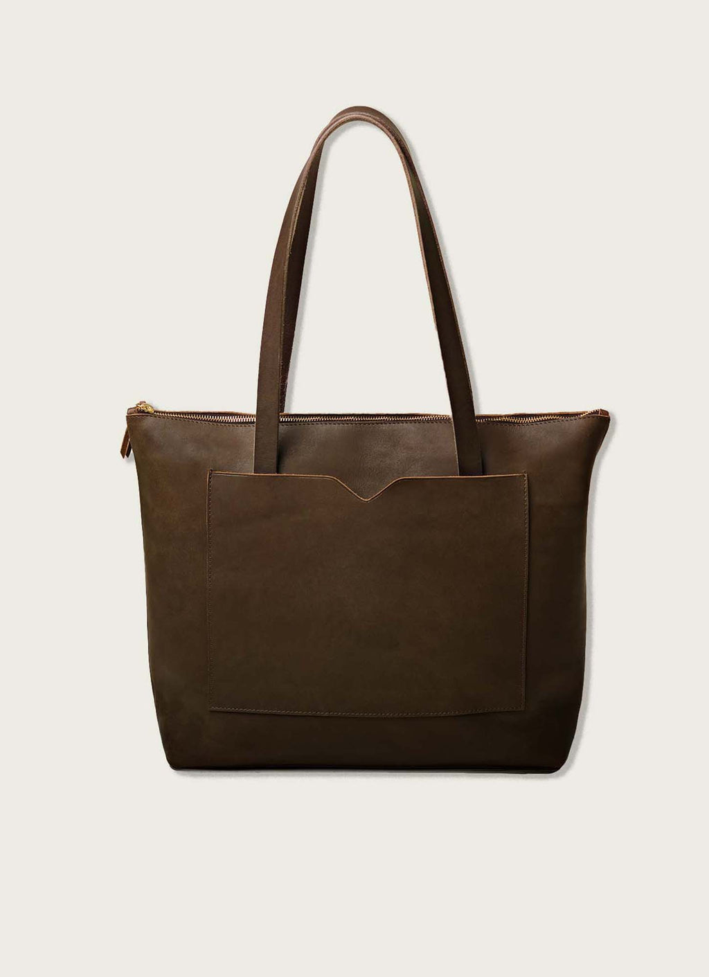 Full-Grain Leather Wide Zipper Tote Bag: Tan