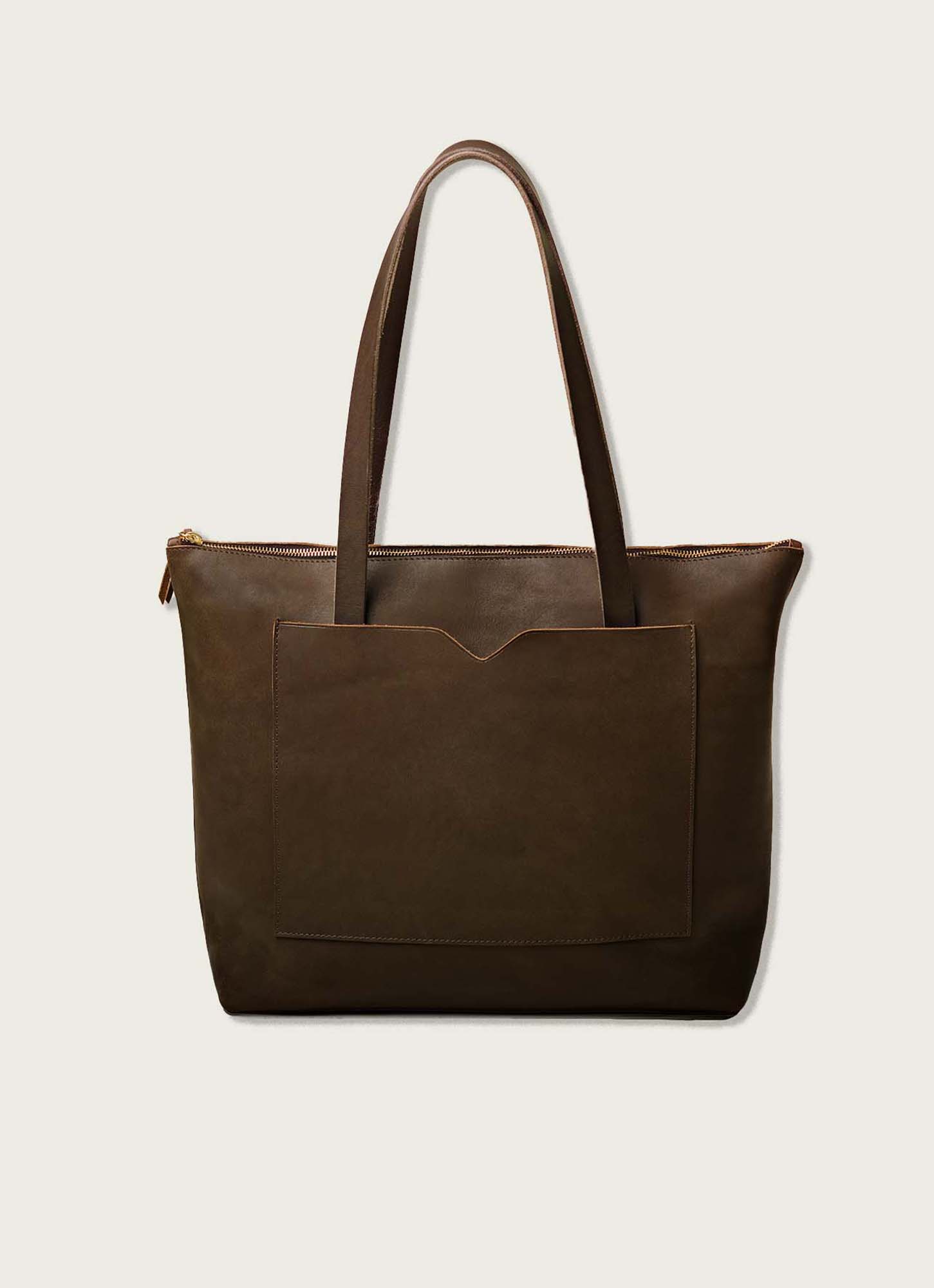 Full-Grain Leather Wide Zipper Tote Bag: Tan