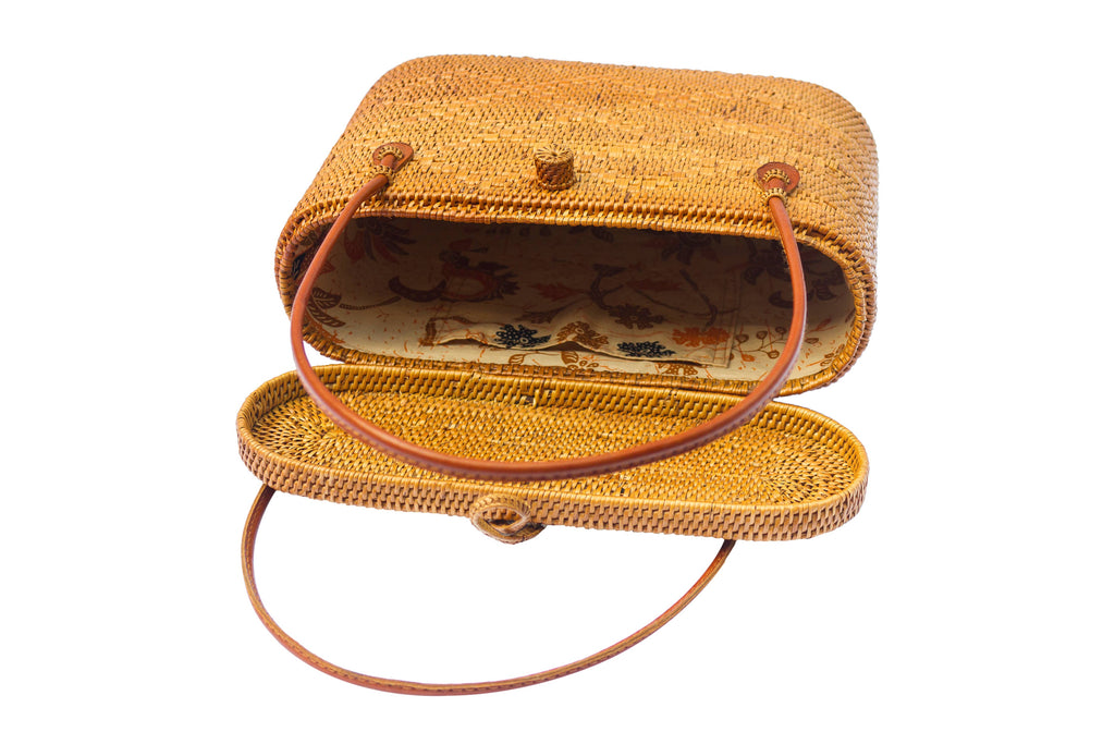 Flat Top Rattan Basket Shoulder Tote Bag
