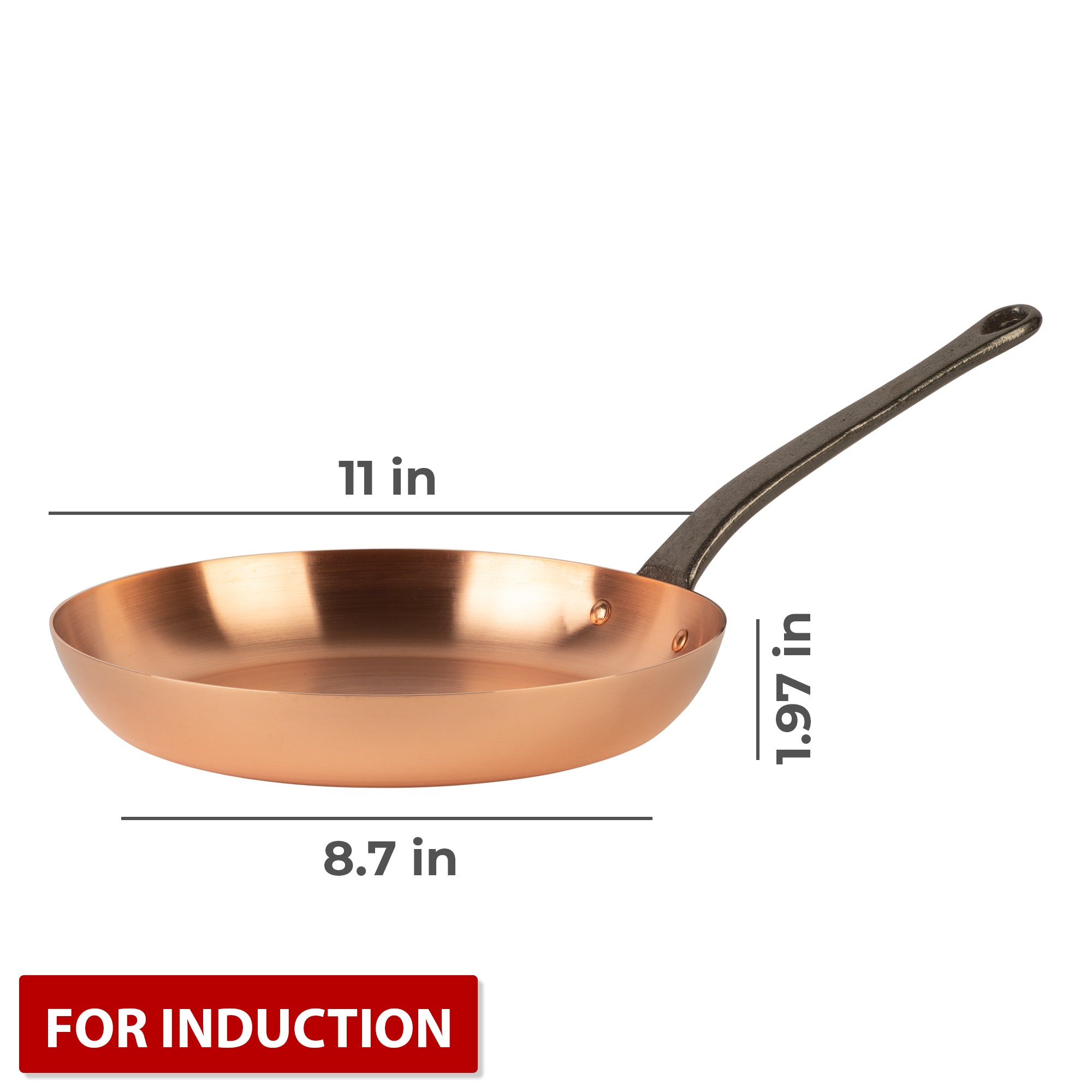Pure copper frying pan for induction stoves without coating, Ø 11 in