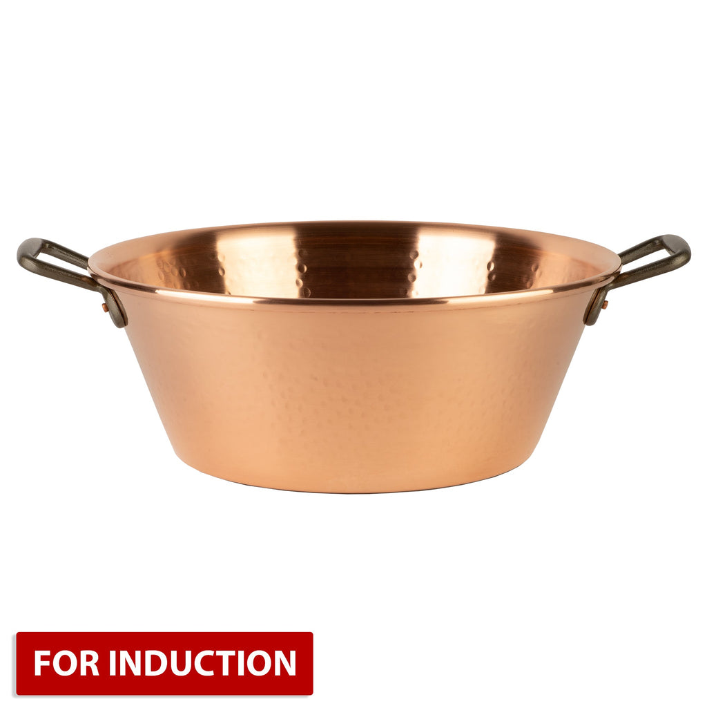 Copper jam pot for induction stoves with cast iron handles, 12.5 qt