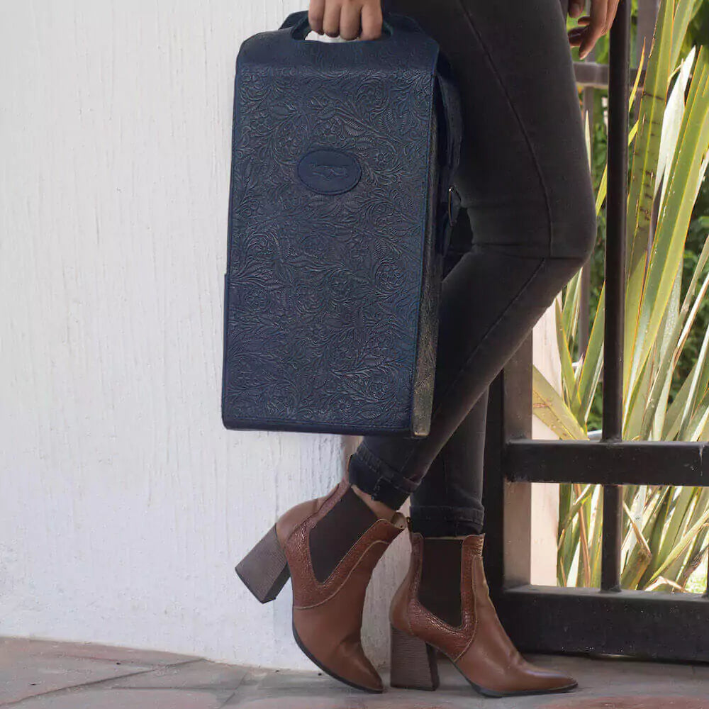 Tooled Leather Two Bottle Wine Carrier