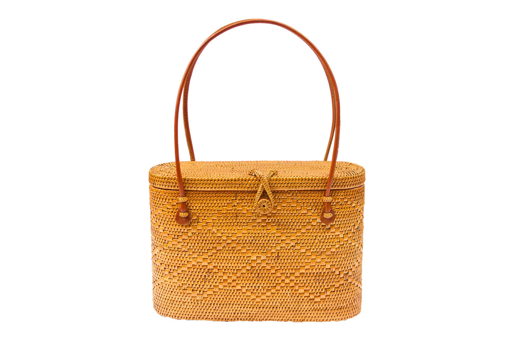 Flat Top Rattan Basket Shoulder Tote Bag