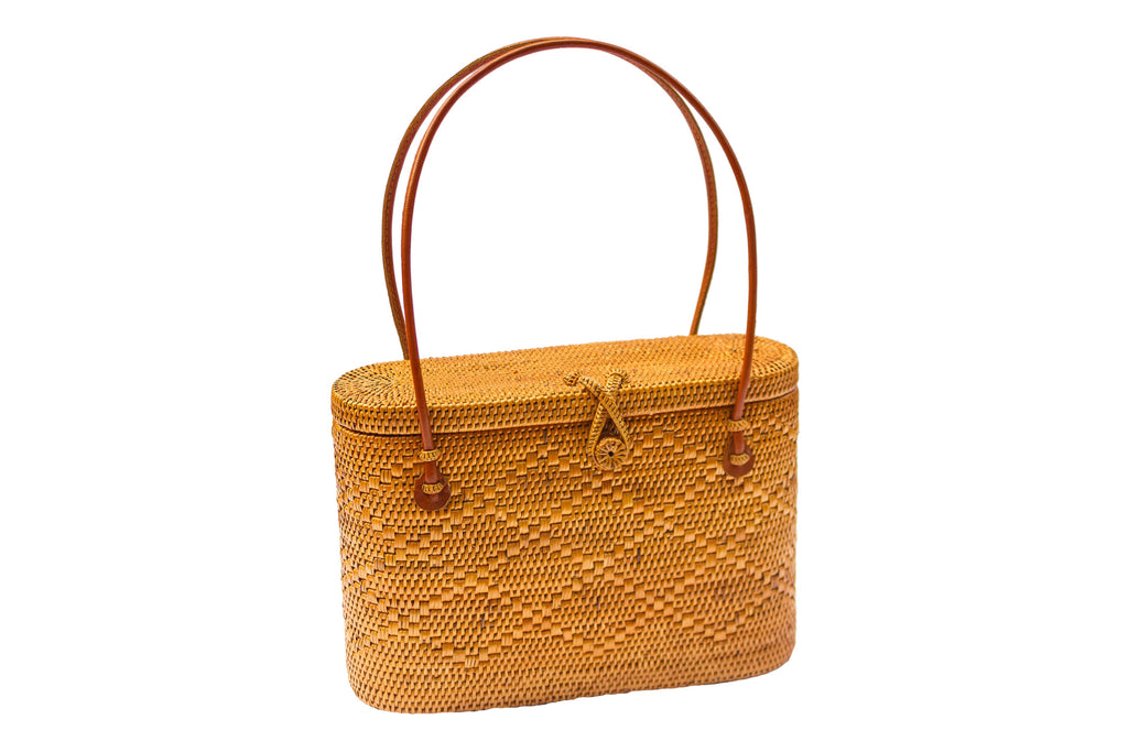 Flat Top Rattan Basket Shoulder Tote Bag